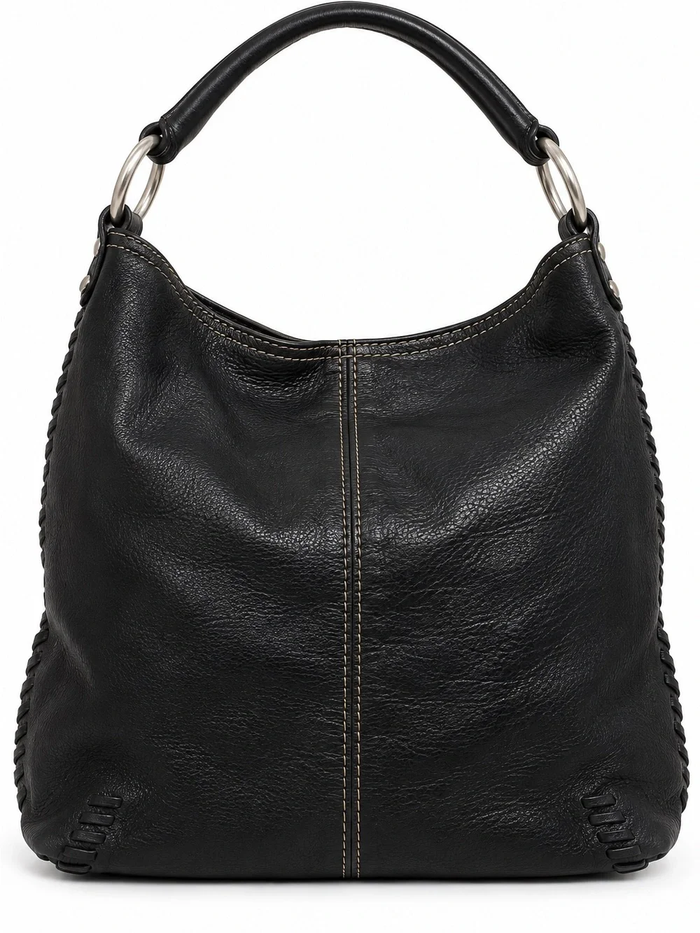 Lucky Brand Black Leather StuddedHobo Bag Whipstitch Slouchy Shoulder Purse